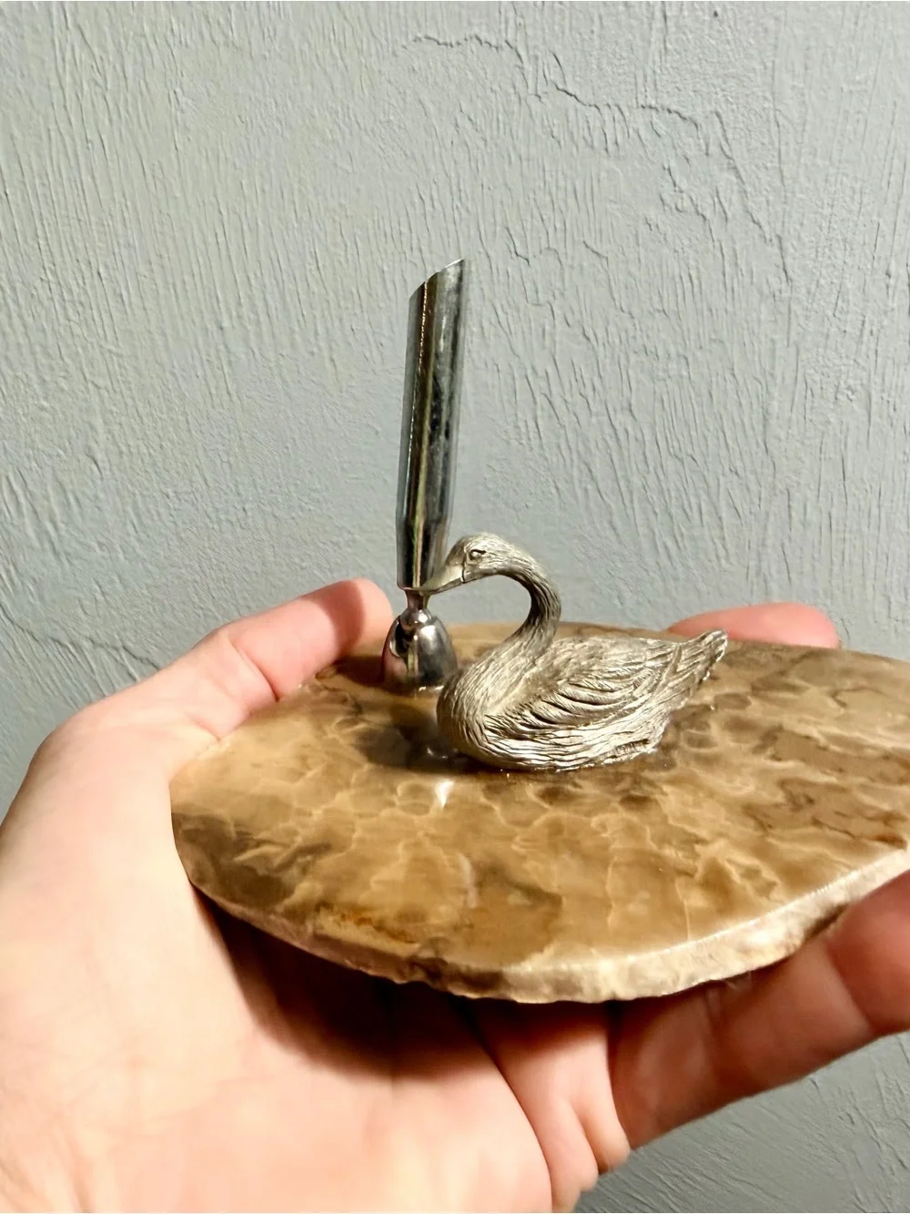 Vintage 1870s Pewter/ Silver tone Swan Pen Holder on Onyx stand.